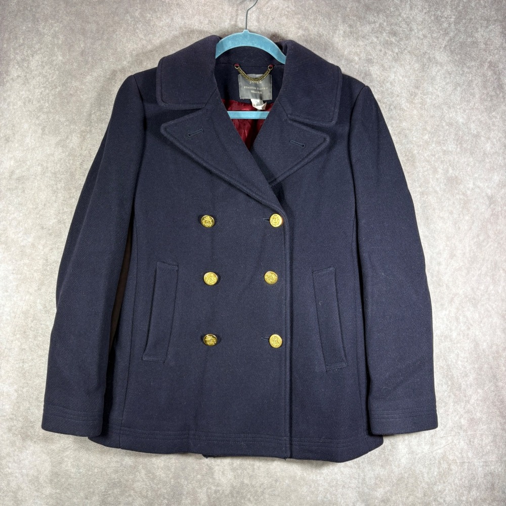 J.Crew Peacoat Womens 0 Navy Stadium Cloth Nello Gori Wool Gold Button Preppy